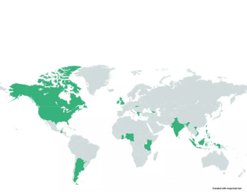 World map showing the countries represented by 30 Under 30 Awardees